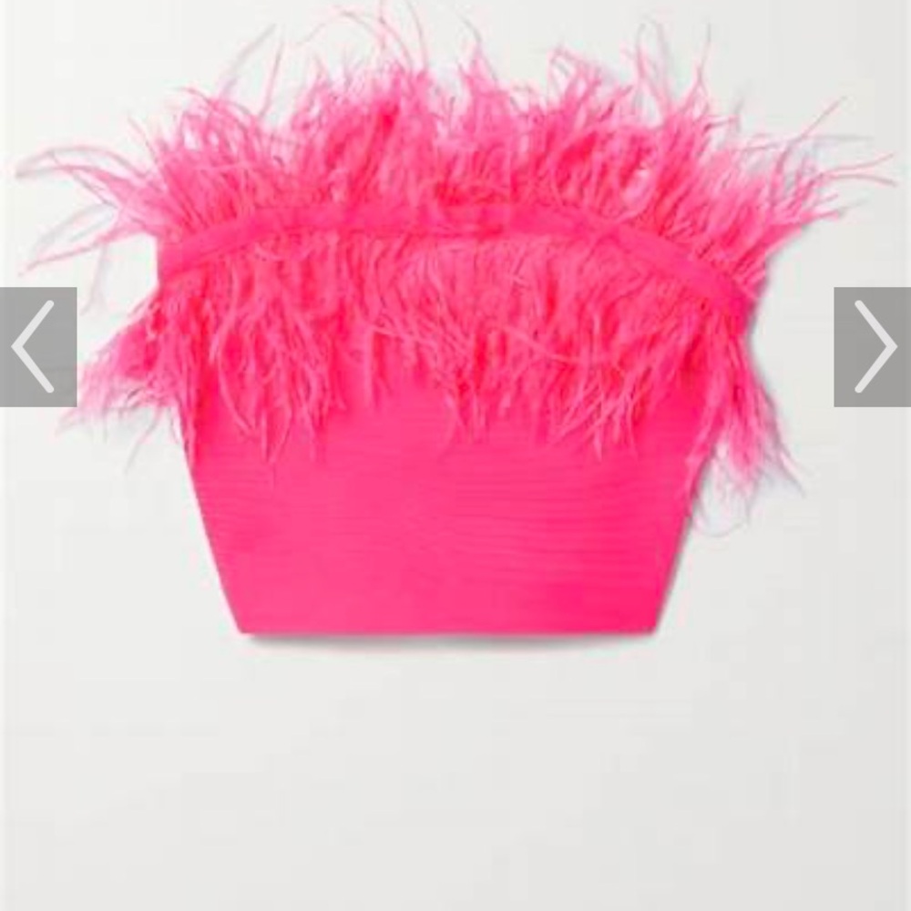 STAUD Nellie Strapless Cropped Feather-trimmed Knitted Top
